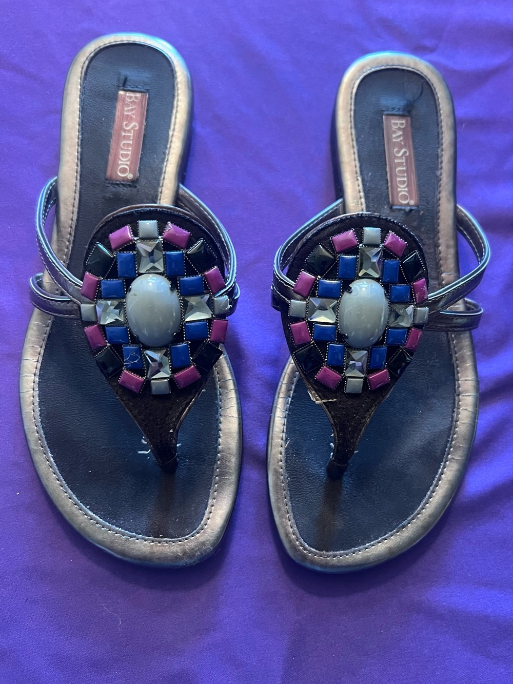 Bay Studio “Carmela” Sandals with Blue and Pink Beaded Medallion Women’s Size 6